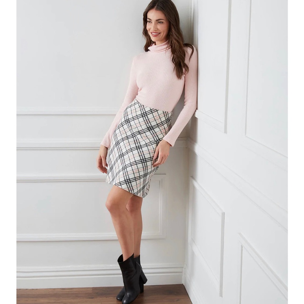 Karen Kane Bias Cut Plaid Skirt in Black White Pink